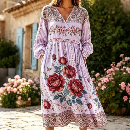 Cardydony Women's Retro Resort Floral Striped Print Cotton Linen Dress
