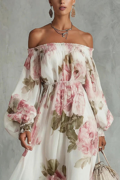 Cardydony Women's Floral Print Off-Shoulder Long-Sleeve Elastic Waist-Defining Maxi Dress