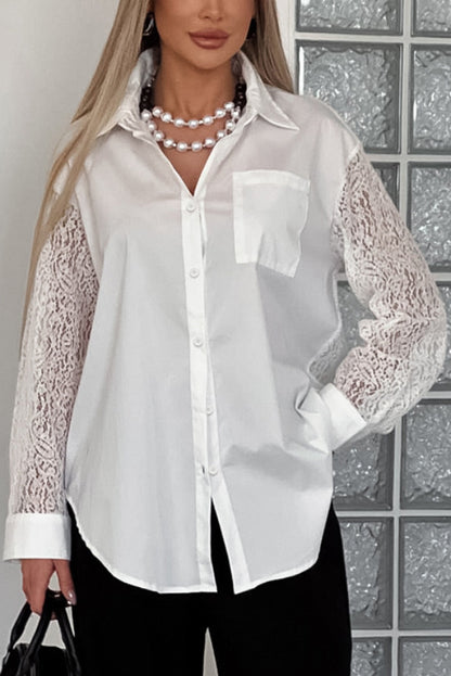 Cardydony Women's  Fashionable Openwork Lace Patchwork Long-sleeved Loose Shirt