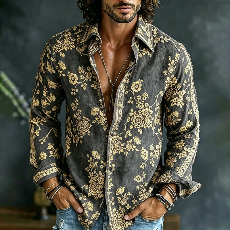 Cardydony Men's Spring Summer Colorful Floral Embroidered Art Print Flowy Linen Blend Shirt