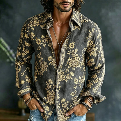 Cardydony Men's Spring Summer Colorful Floral Embroidered Art Print Flowy Linen Blend Shirt