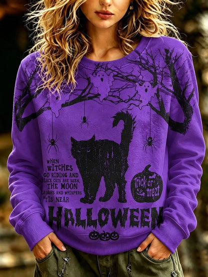Cardydony Women's Retro Halloween Style Cat, Spider, And Ghost Printed Sweatshirt