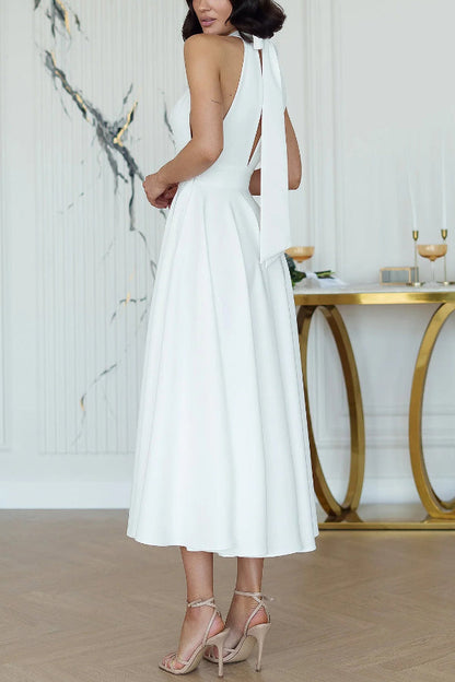 Cardydony Women's Solid Color Halter Neck Bow Tie Elegant Waist-cinching Midi Dress