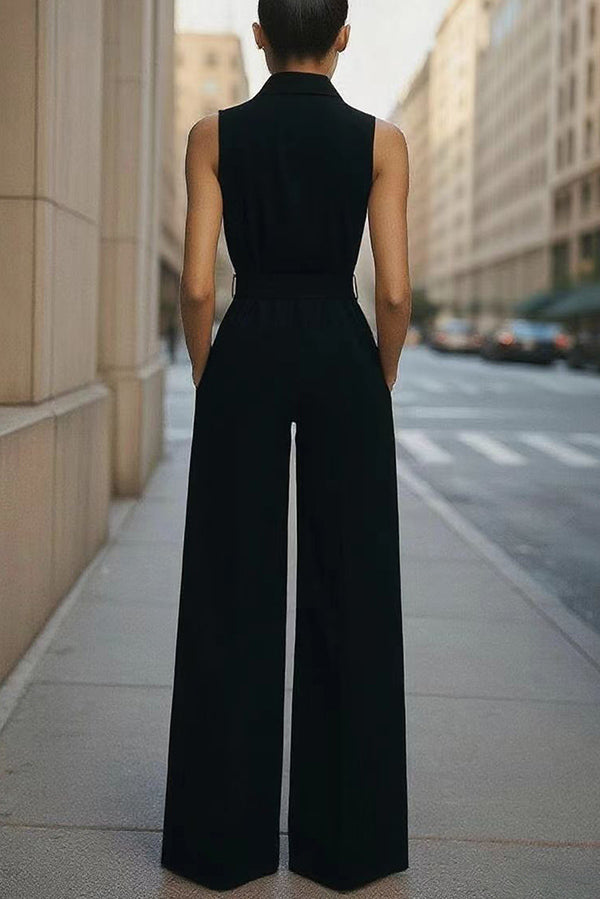 Cardydony Women's Fashion Lapel Sleeveless High Waist Tie Casual Pocket Wide Leg Jumpsuit