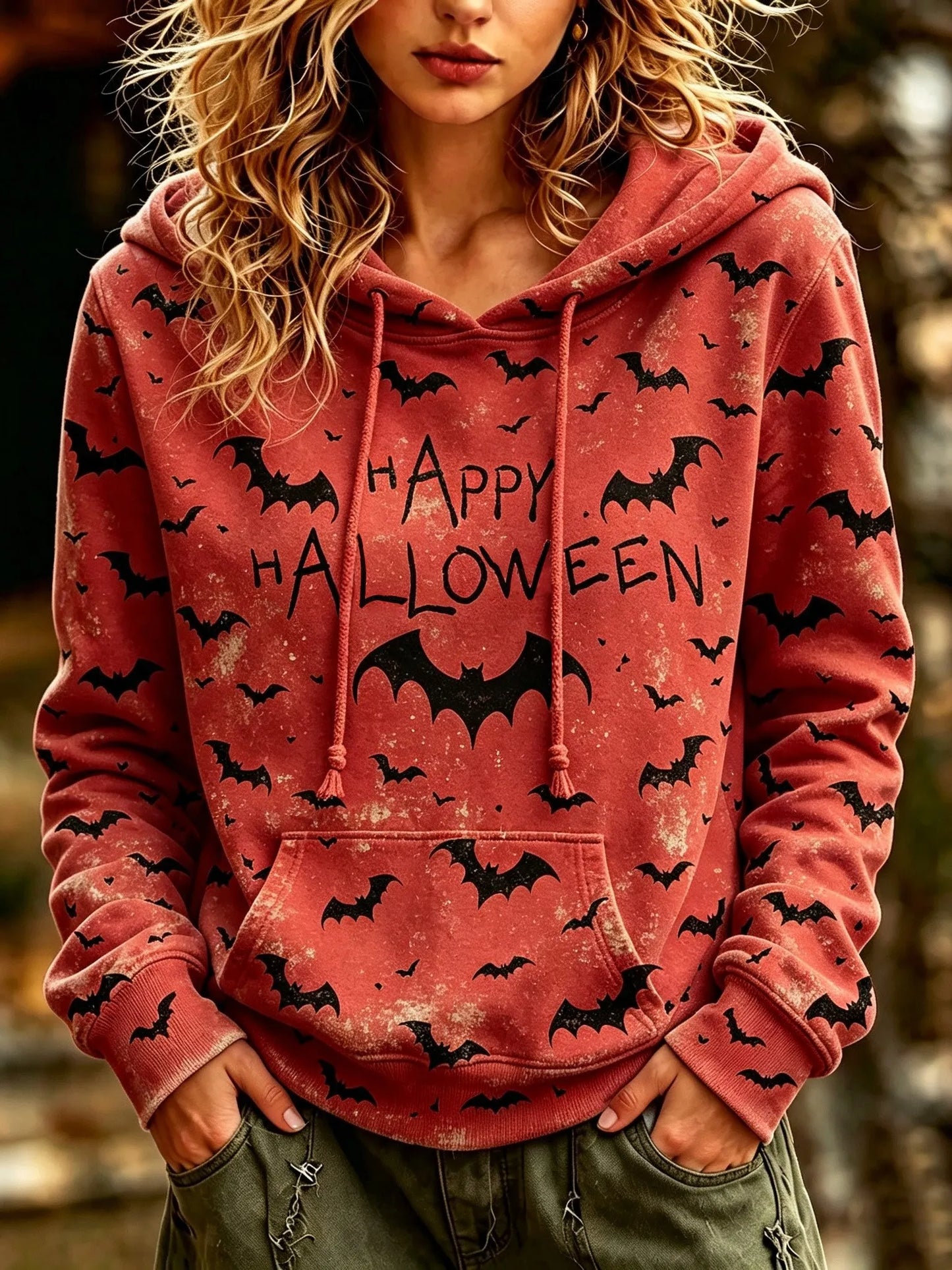 Cardydony Women's Retro Halloween Bat Print Hooded Sweatshirt