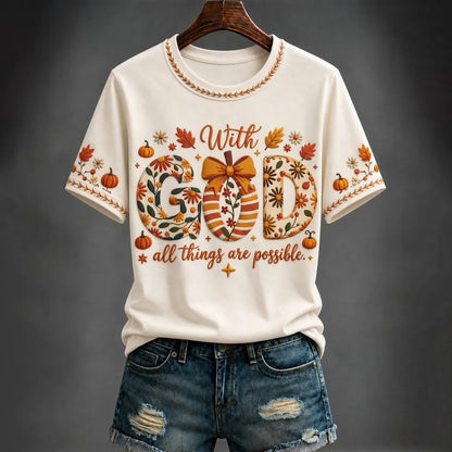 Cardydony Women's Autumn “with God All Things Are Possible.” Printed T-shirt