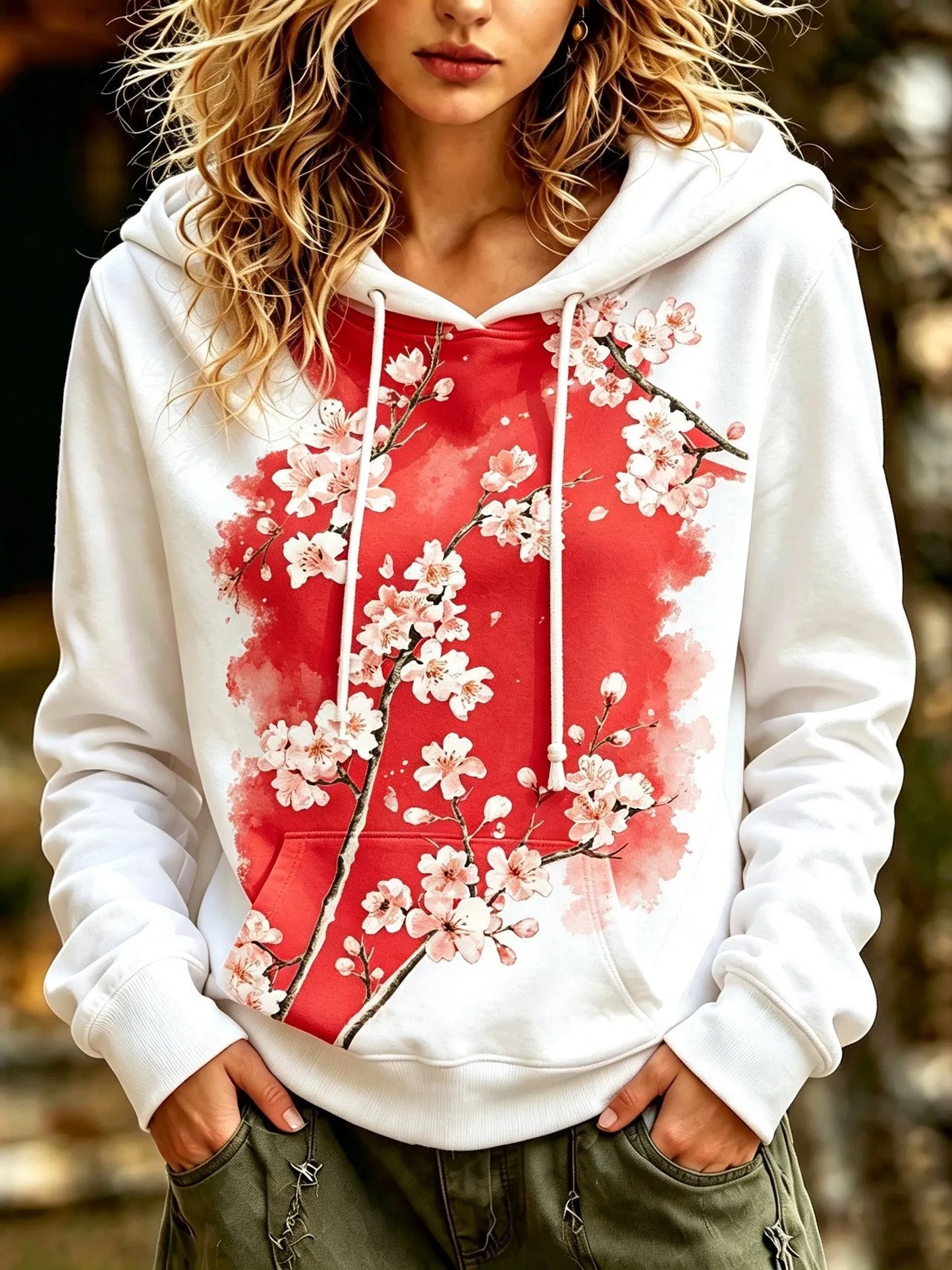 Cardydony Women's Bohemian Japanese Art Floral Cherry Blossom Print Hooded Sweatshirt.