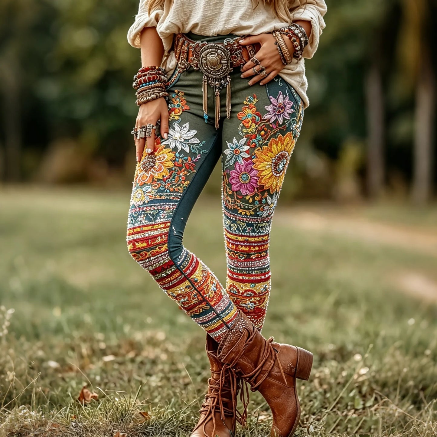 Cardydony Women's Retro Boho Floral Art Pattern Casual Leggings