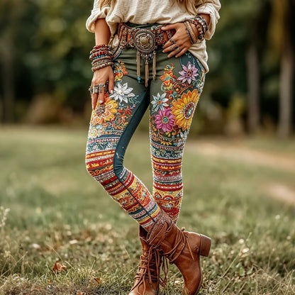 Cardydony Women's Retro Boho Floral Art Pattern Casual Leggings