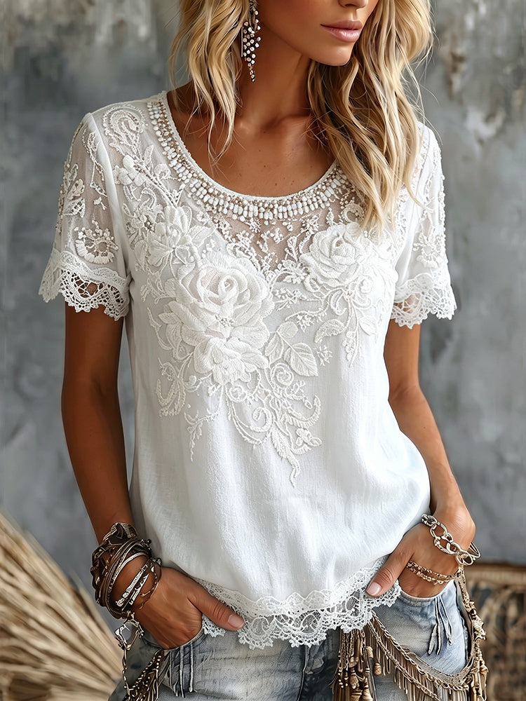 Cardydony Women's Rose Embroidery Art Crew Neck Short Sleeve Linen Blend T-shirt