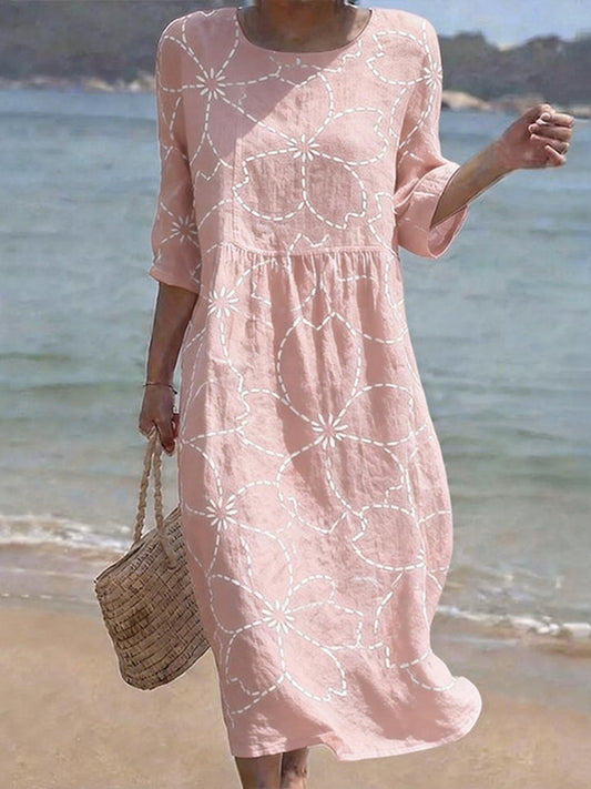 Cardydony Women's Casual Round Neck Mid Sleeve Print Cotton And Linen Dress