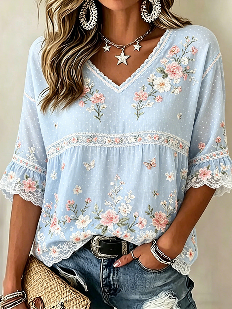 Cardydony Women's Vintage Floral And Butterfly Art Casual T-shirt