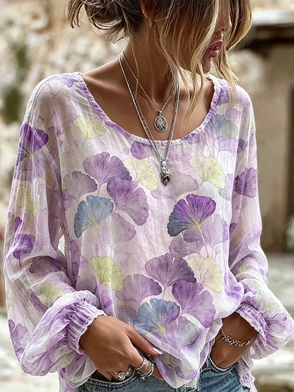 Cardydony Women's Bohemian-style Watercolor Ginkgo Leaf Print Casual Round Neck Top