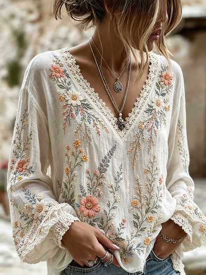 Cardydony Women's Retro Floral Art Flowy Long Sleeve Linen  V-neck T-shirt
