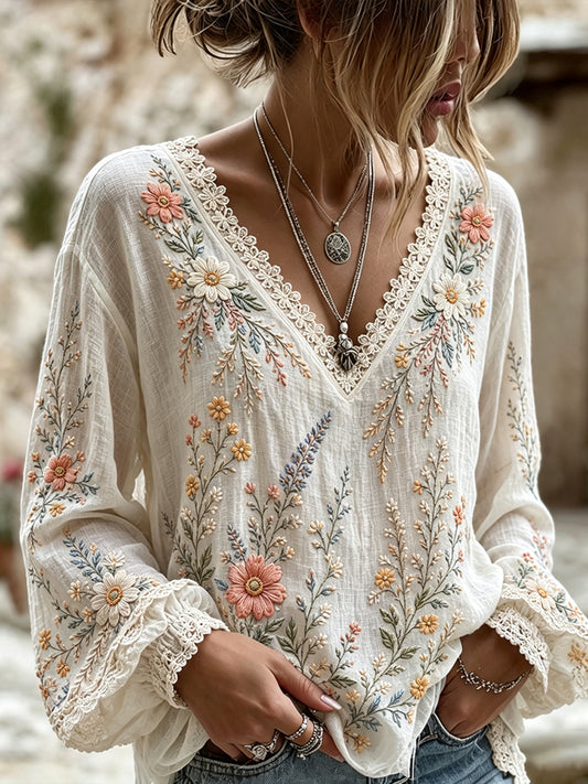 Cardydony Women's Retro Floral Art Flowy Long Sleeve Linen  V-neck T-shirt
