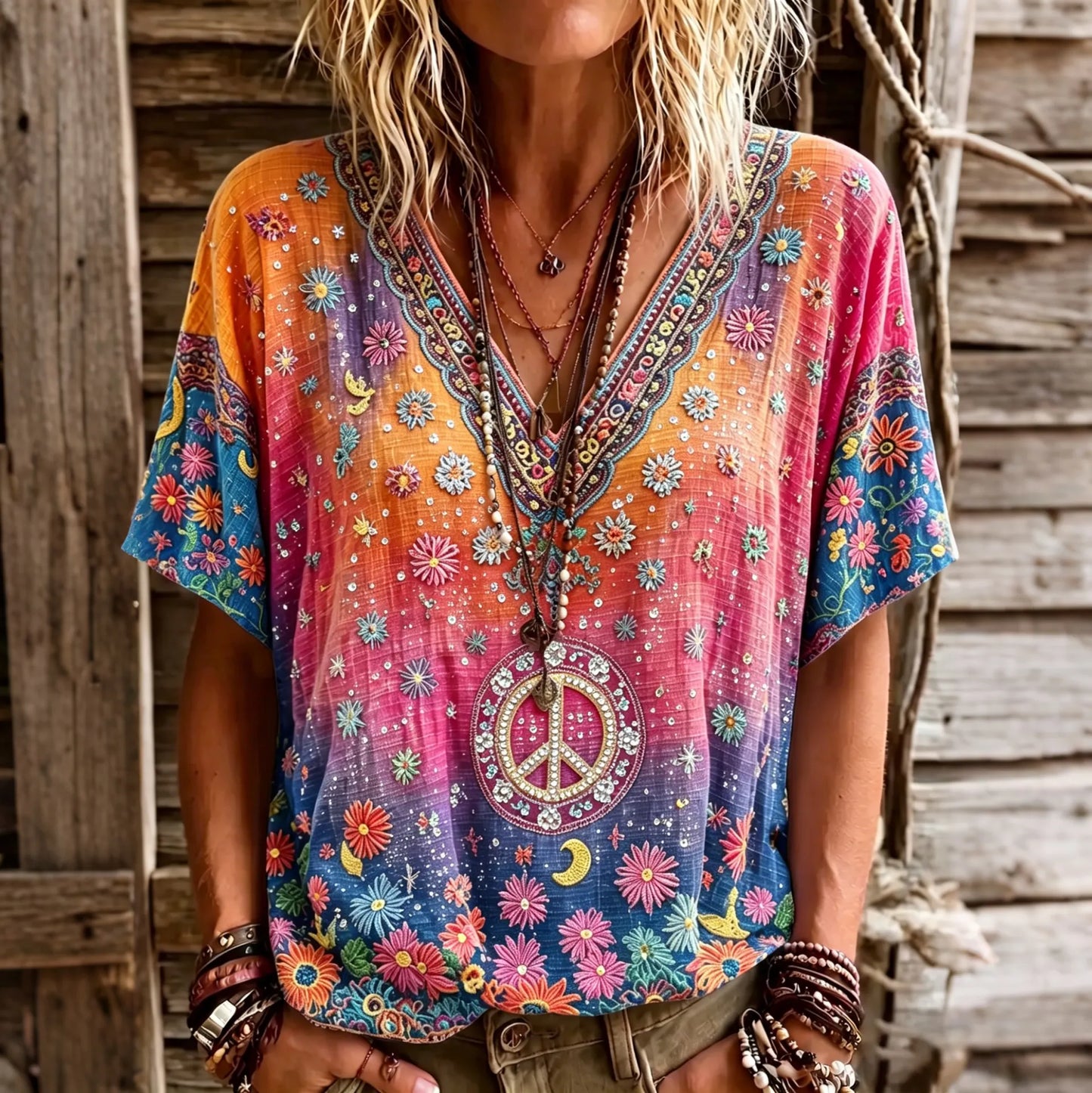 Cardydony Women's Retro Hippie Floral Color Gradient Art Linen Blend Short Sleeve Tops