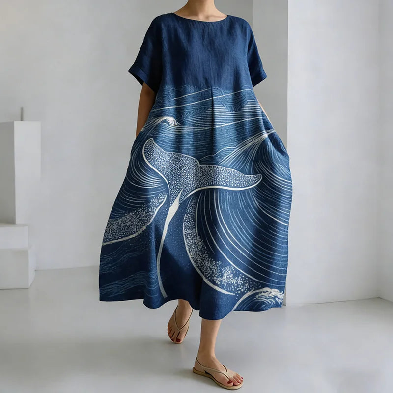 Cardydony Women's Japanese-style Ocean Print Casual Dress