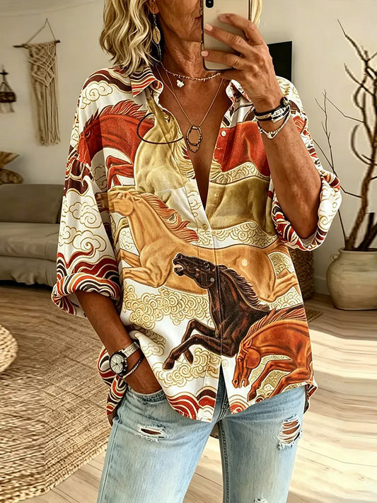 Cardydony Western Galloping Horse Patchwork Art Cotton And Linen Casual Long-sleeved Lapel Shirt