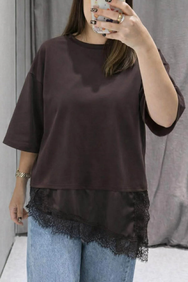 Cardydony Women's Stylish Round Neck Short-sleeved Patchwork Lace Hem Loose T-shirt