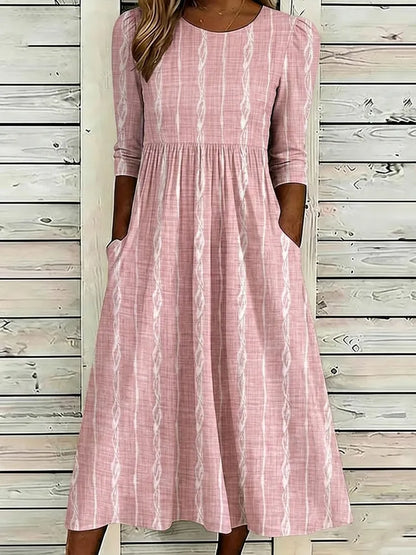Cardydony Women's Simple Striped Art Print Casual Round Neck Dress