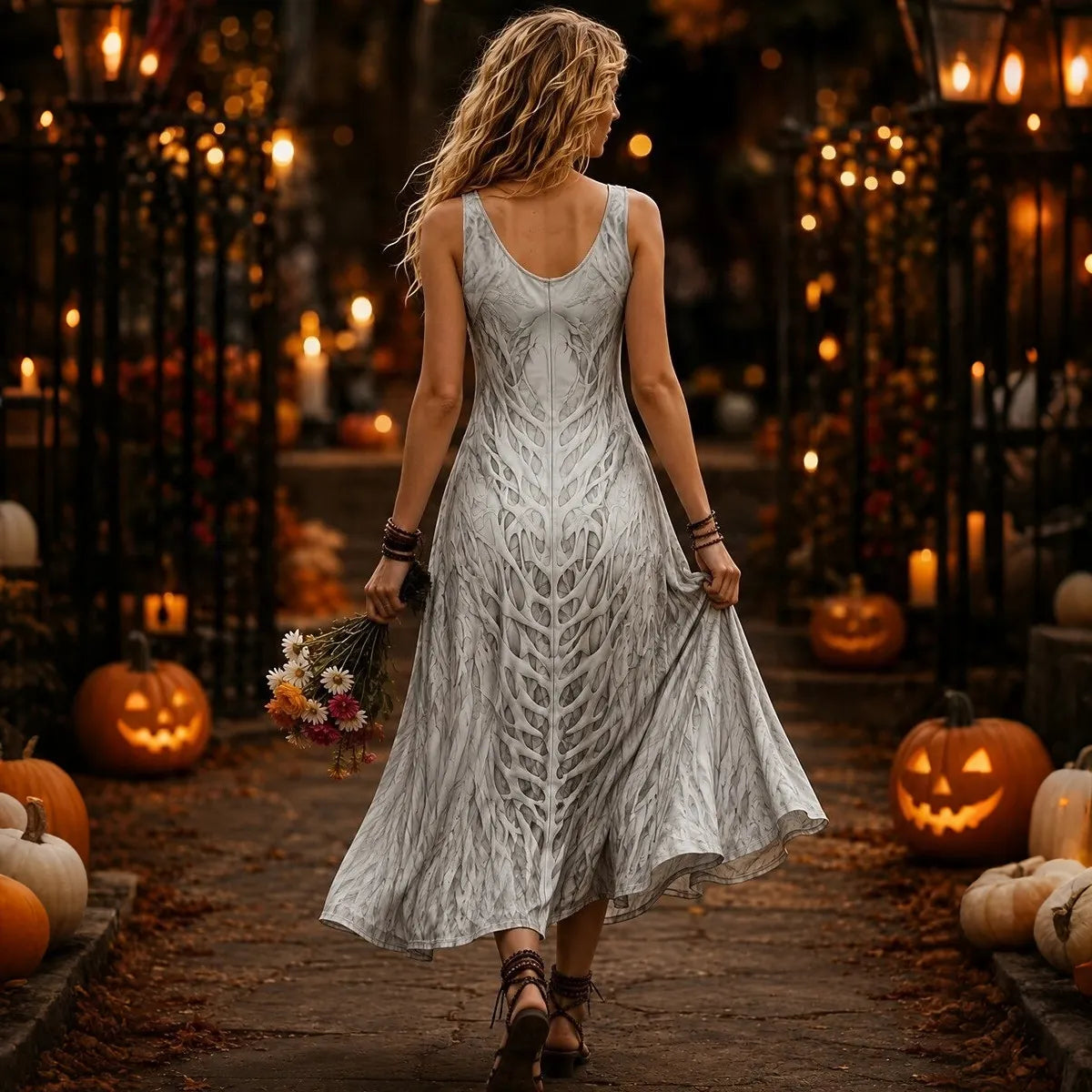 Cardydony Women's Retro Skull Art 3d Printing Halloween Sleeveless Dress