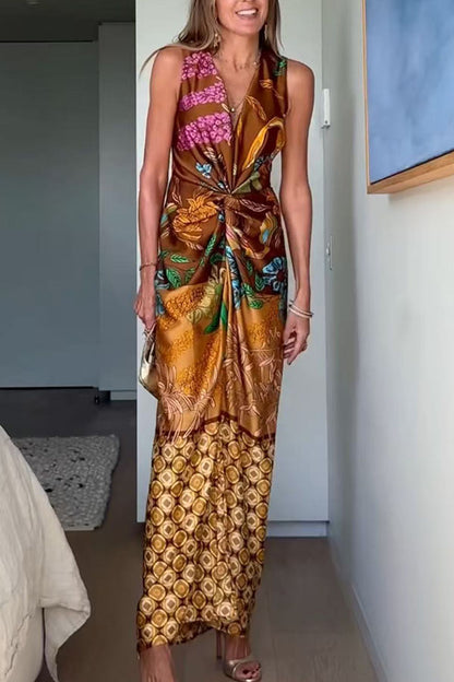 Cardydony Women's Naturally Inspired Satin Unique Floral Print Twist Waist Slit Drape Maxi Dress