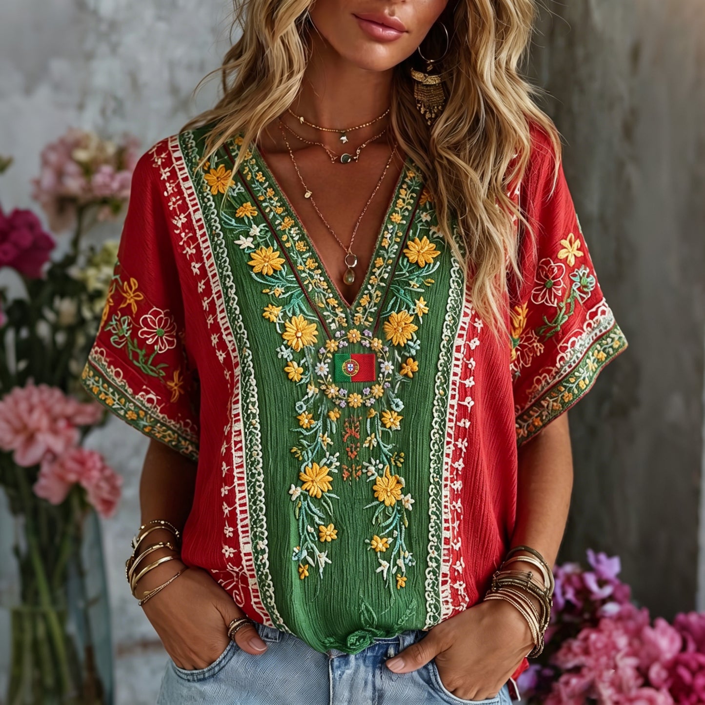 Cardydony Women's Vintage Floral Embroidered Art Patchwork V Neck Linen Blend T-shirt