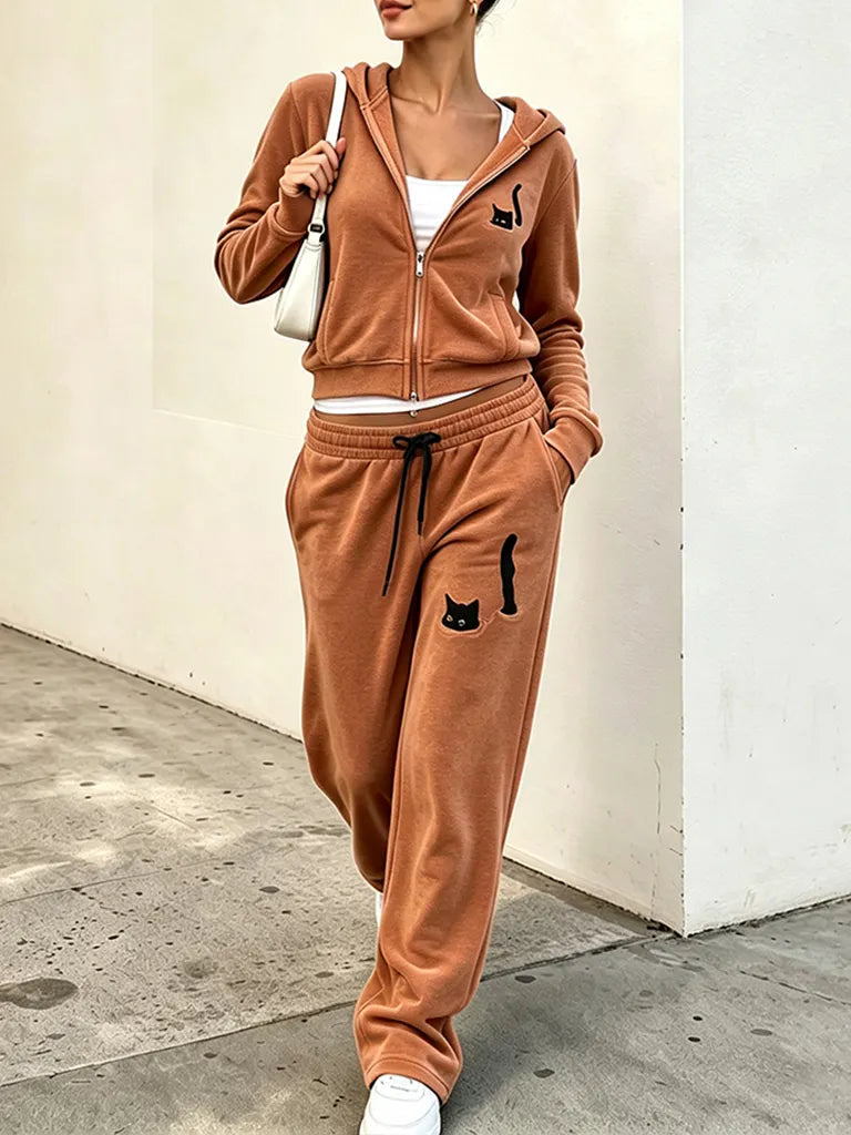 Cardydony Women's Retro Black Cat Art Casual Sports Suit Two-piece Set