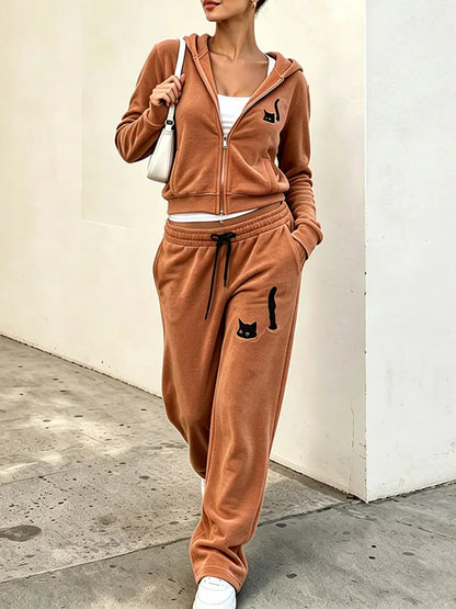 Cardydony Women's Retro Black Cat Art Casual Sports Suit Two-piece Set