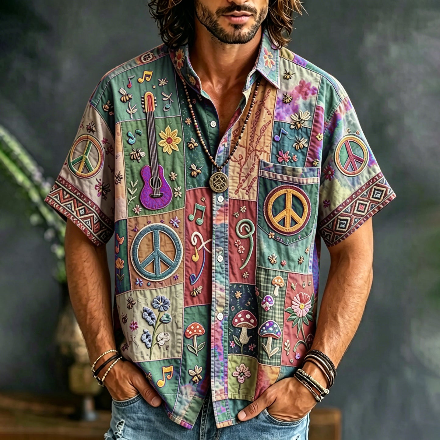 Cardydony Men's Peace Sign And Guitar Hippie Patchwork Print Casual Shirt