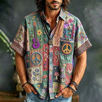 Cardydony Men's Peace Sign And Guitar Hippie Patchwork Print Casual Shirt