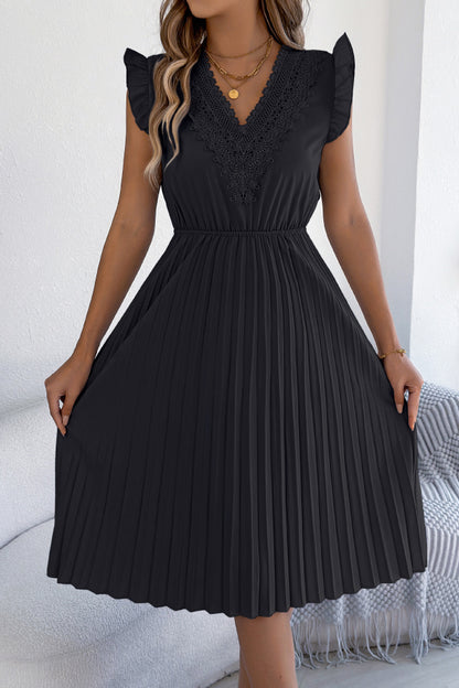 Cardydony Women's Solid Color V-neck Lace-trimmed Sleeveless Casual Pleated Midi Dress