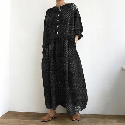 Cardydony Vintage Japanese Traditional Sashiko Art Linen Maxi Dress