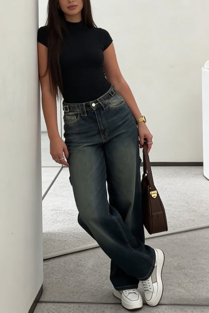 Cardydony Women's  Stylish High-waisted Loose-fitting Pocket Casual Straight-leg Wide-leg Jeans