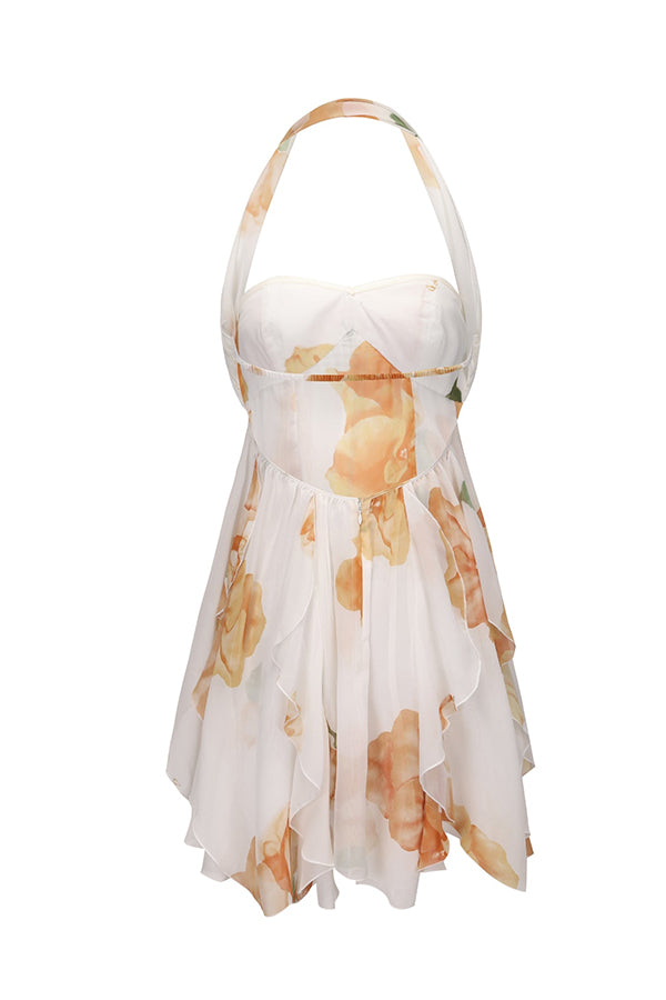 Cardydony Women's Arabella Floral Print Starfish Brooch Inverted Halter Neck Slit Ruffles Mini Dress