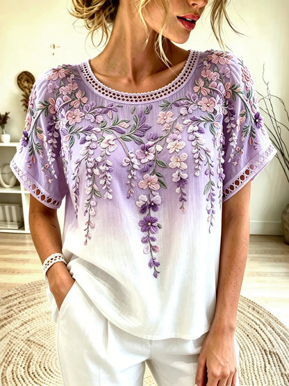 Cardydony Women's Retro Wisteria Orchid Embroidery Cotton Linen Casual Round Neck T-shirt