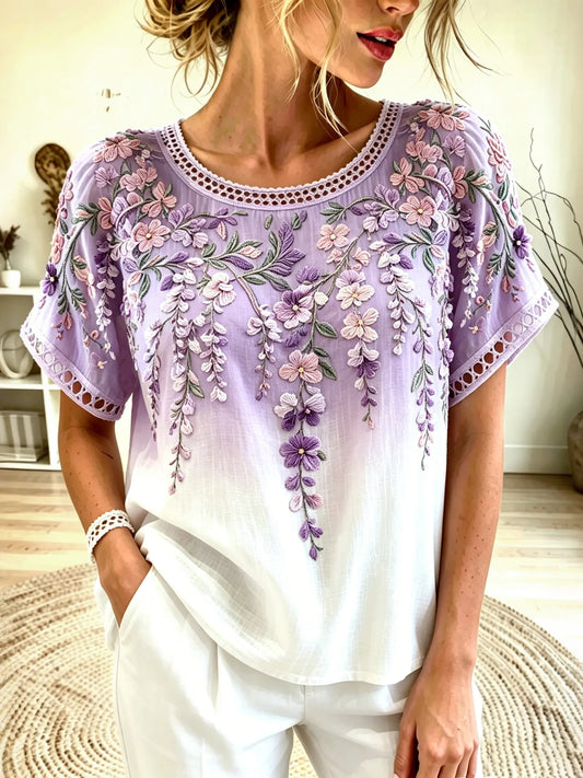 Cardydony Women's Retro Wisteria Orchid Embroidery Cotton Linen Casual Round Neck T-shirt
