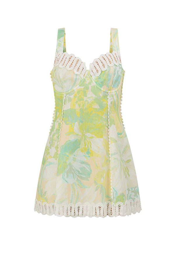 Cardydony Women's Stelle Linen Blend Floral Print Crochet Zig Zag Trim Back Lace-up Mini Dress