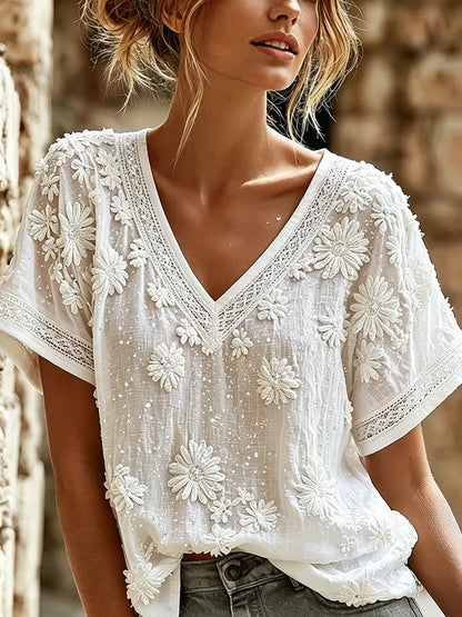 Cardydony Women's Retro Romantic White Rose Art Print Flowy Linen Blend V Neck Linen Tops