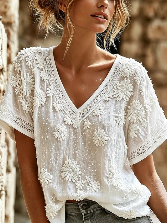 Cardydony Women's Retro Romantic White Rose Art Print Flowy Linen Blend V Neck Linen Tops