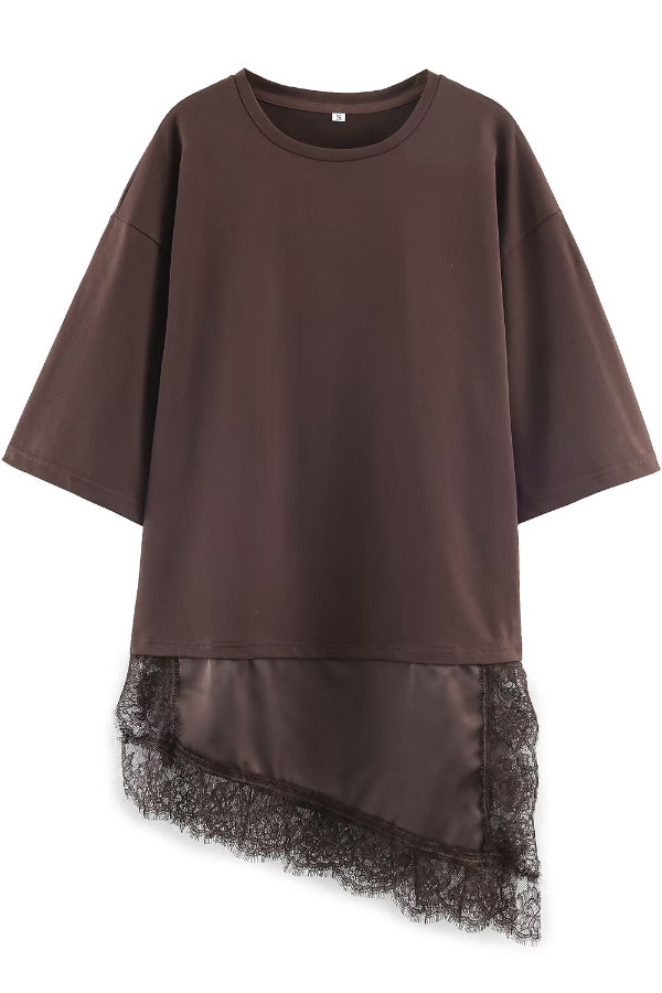 Cardydony Women's Stylish Round Neck Short-sleeved Patchwork Lace Hem Loose T-shirt
