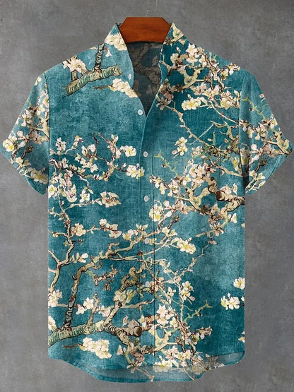 Cardydony Vintage White Art Florets Print Casual Cotton Shirt
