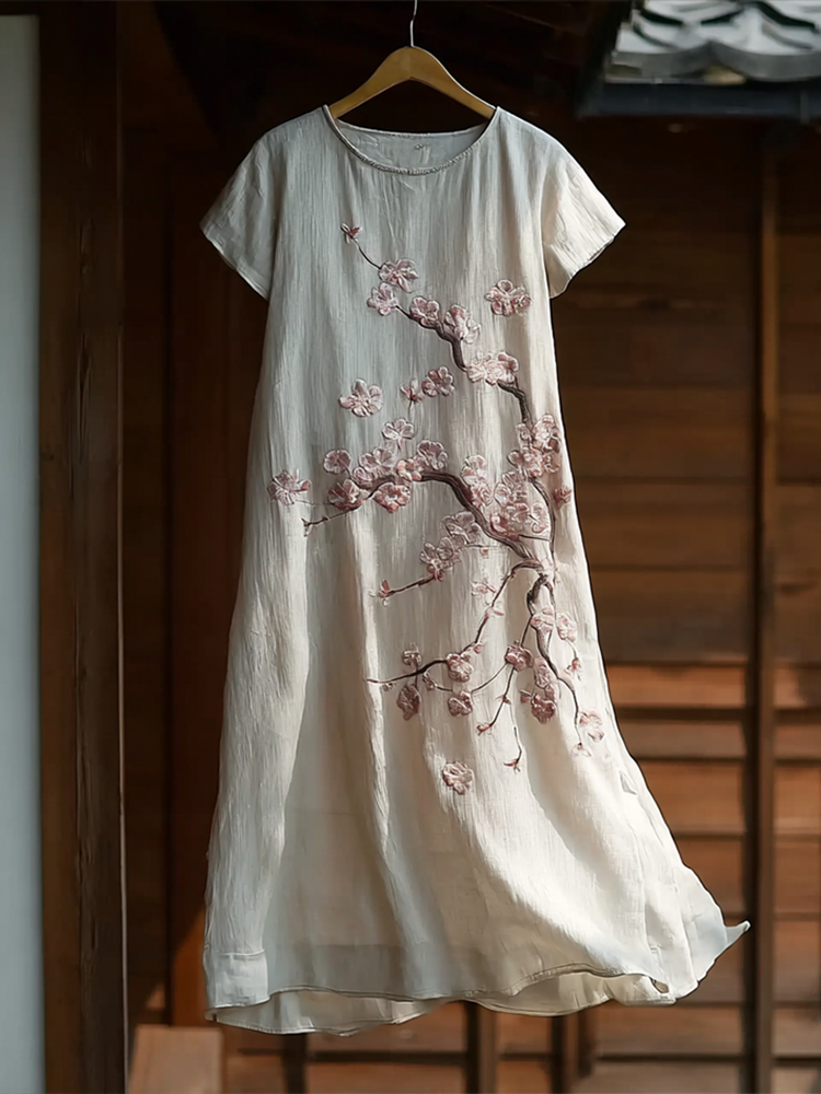 Cardydony Japanese Art Cherry Blossom Pattern Design Casual Linen Dress