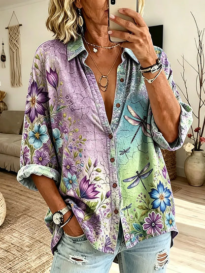 Cardydony Women's Retro Vacation Floral Dragonfly Tie-dye Gradient Print Long-sleeved Cotton Linen Shirt