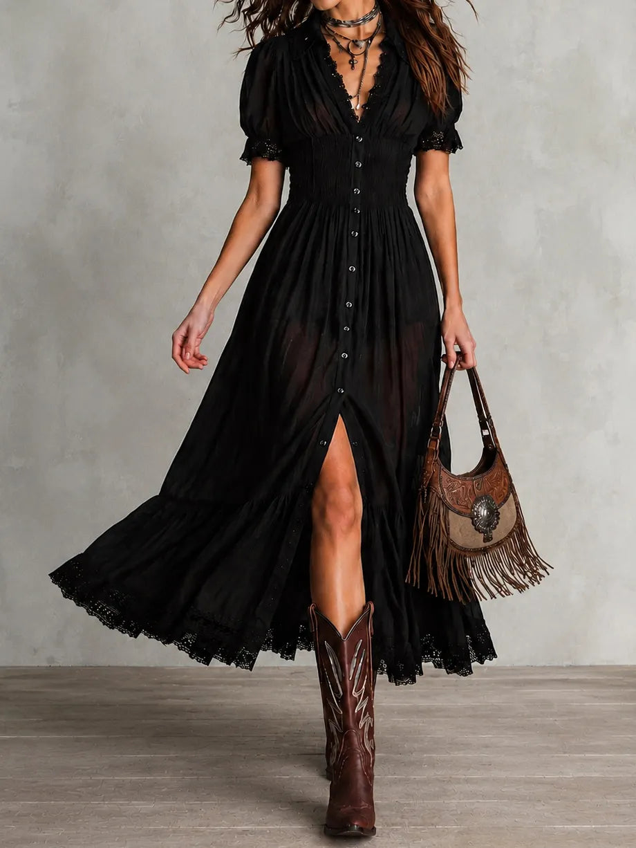 Cardydony Elegant Solid Color Fitted Waist Ruffled V-neck Maxi Dress
