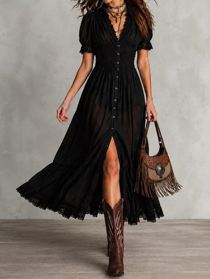 Cardydony Elegant Solid Color Fitted Waist Ruffled V-neck Maxi Dress