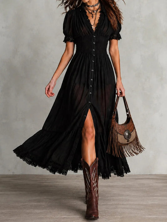 Cardydony Elegant Solid Color Fitted Waist Ruffled V-neck Maxi Dress