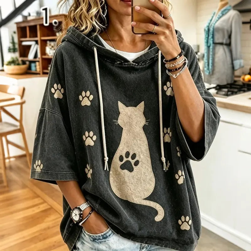 Cardydony Women's Retro Cute Cat Print Casual Warm Hoodie