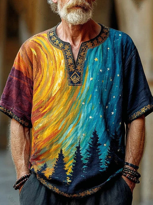 Cardydony Men's Hippie Starry Sky Forest Print Short Sleeves Casual Shirt