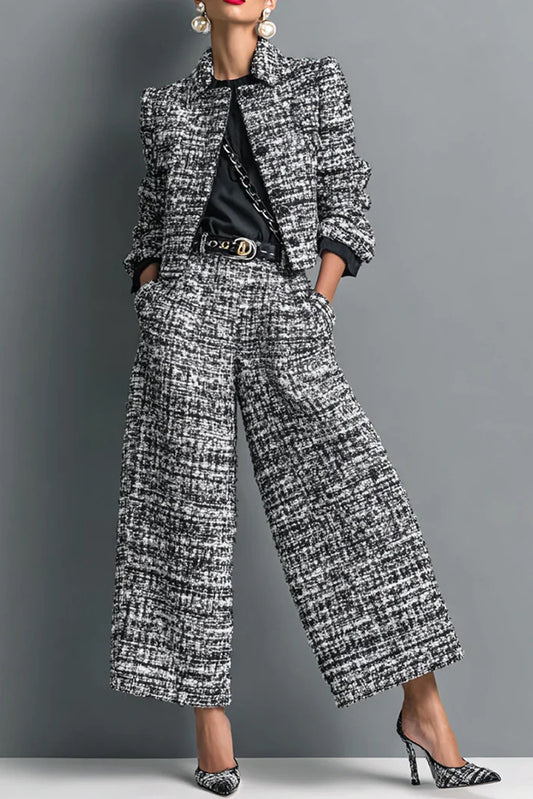 Cardydony Women's Stylish Long-sleeved Single-breasted Short Jacket and Casual Pocket Wide-leg Pants Sets